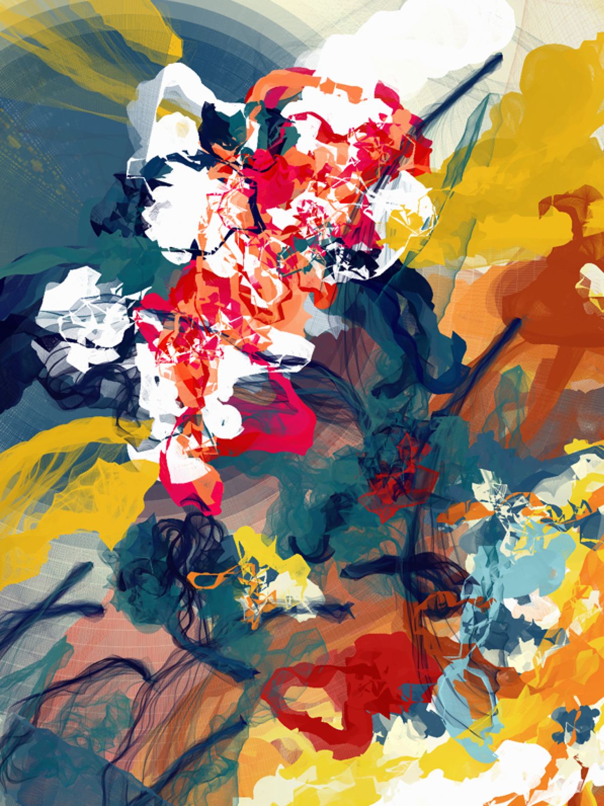 A loose abstract painting in red, teal, yellow and white.