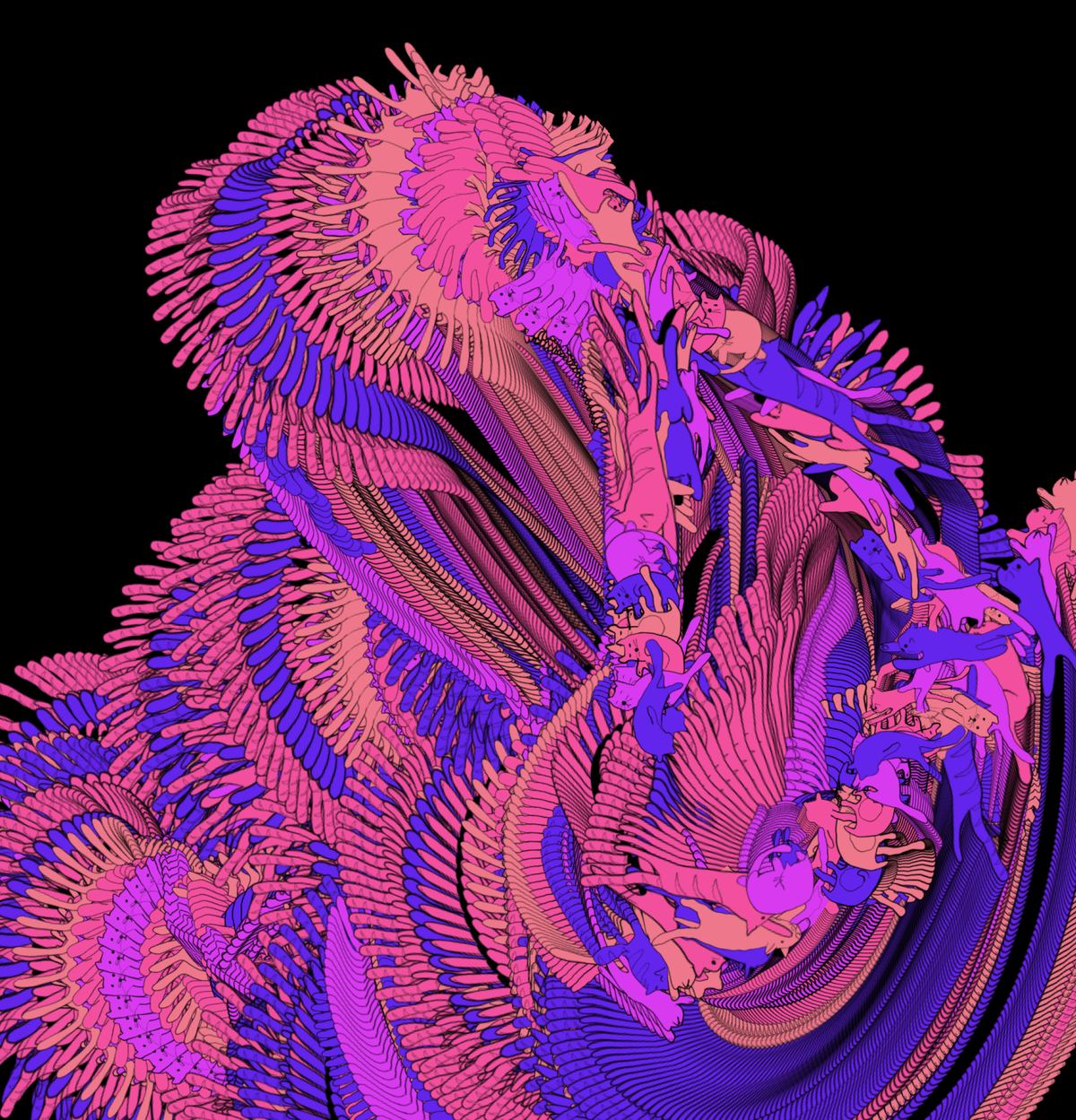 A pink and violet shell form built from hundreds of fanned strokes.
