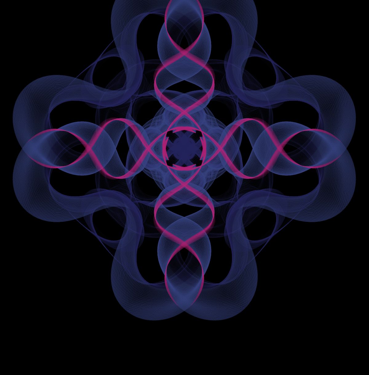 A symmetrical knot of violet ribbons with pink strands woven through it.