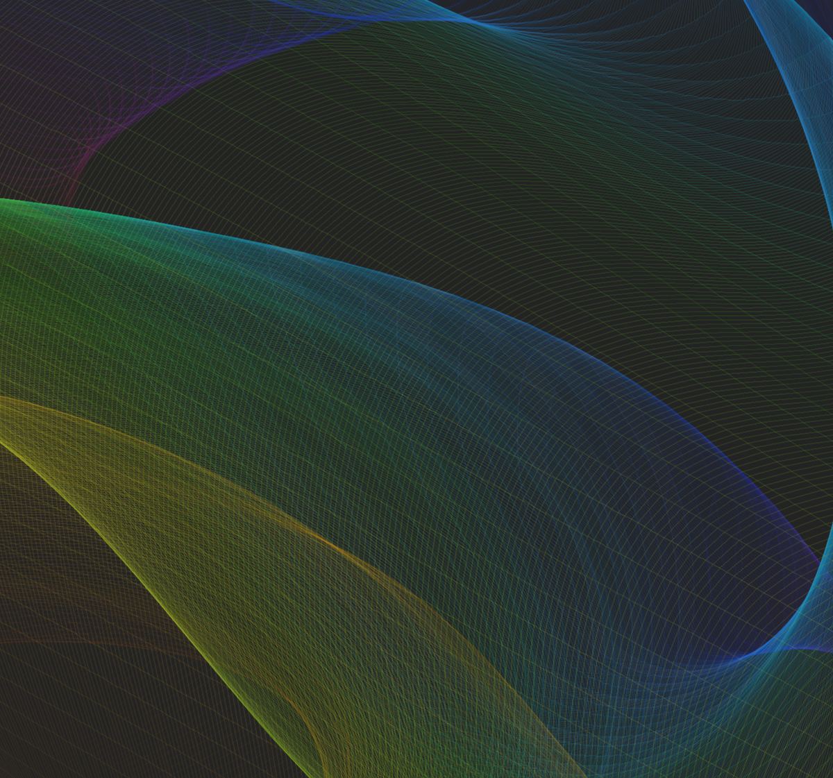 Fine green, blue and gold threads sweeping across a dark canvas.